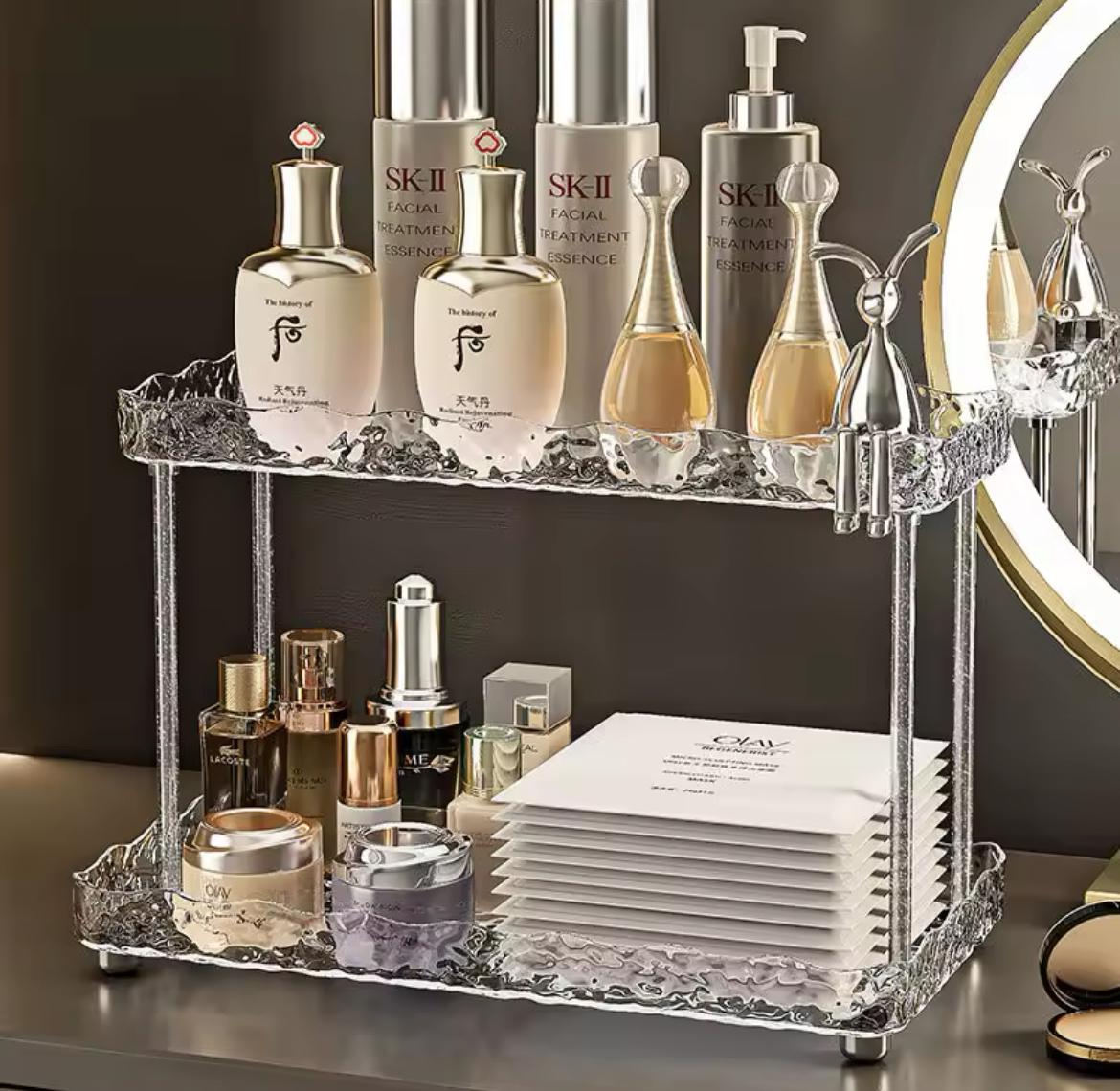 Two tier crystal-like makeup organizer.