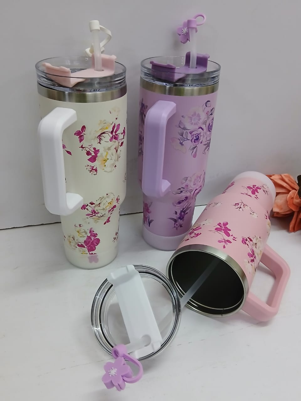 Stanley flowered Stainless steel large capacity handled both cold and hot insulated cup with plastic straw