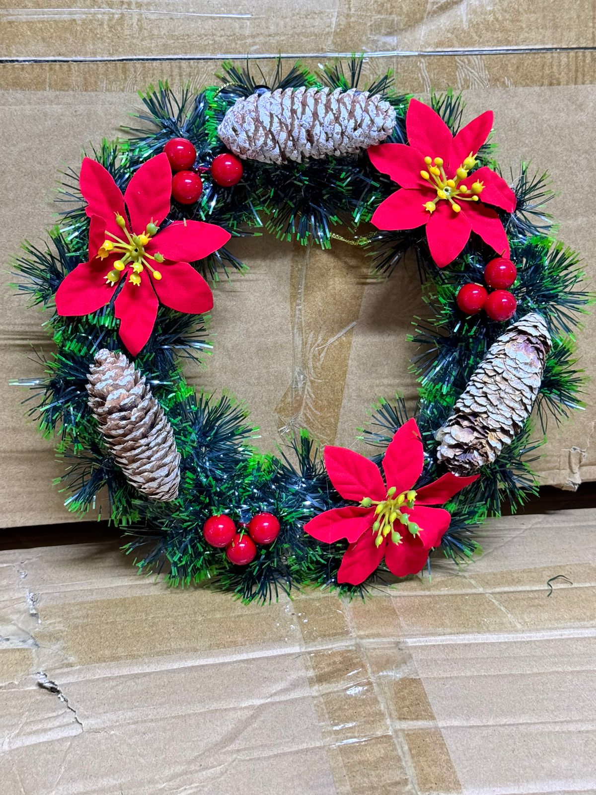25CM Christmas Wreath for Front Door \ Window with Red Berries, pine artificial garland, corn & flowers