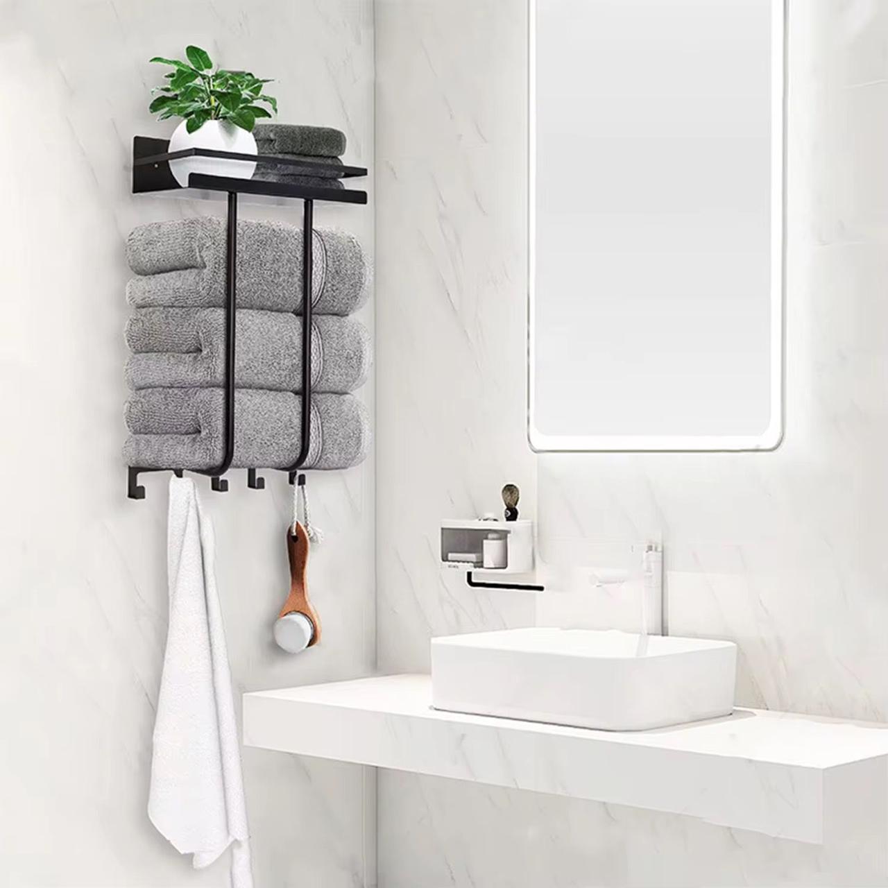 Multifunctional bathroom towel holder with metal shelf and 5 hooks / wall mounted towel rack