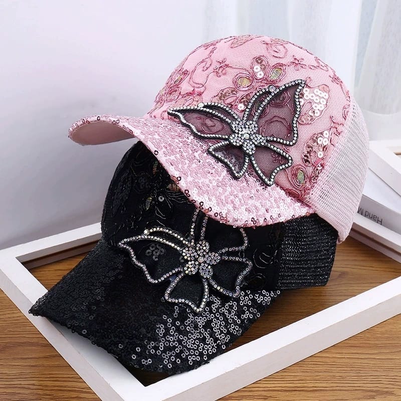 *Fashion Mesh Women's Baseball Cap Breathable Black Rhinestone Sun Hat Butterfly