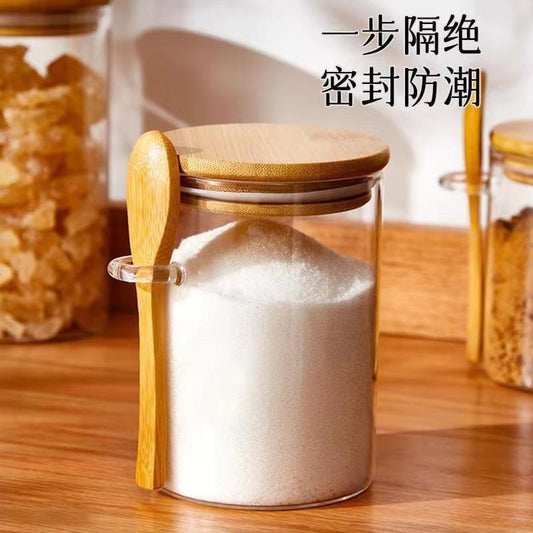 Glass spice / storage jar with spoon and bamboo lid
