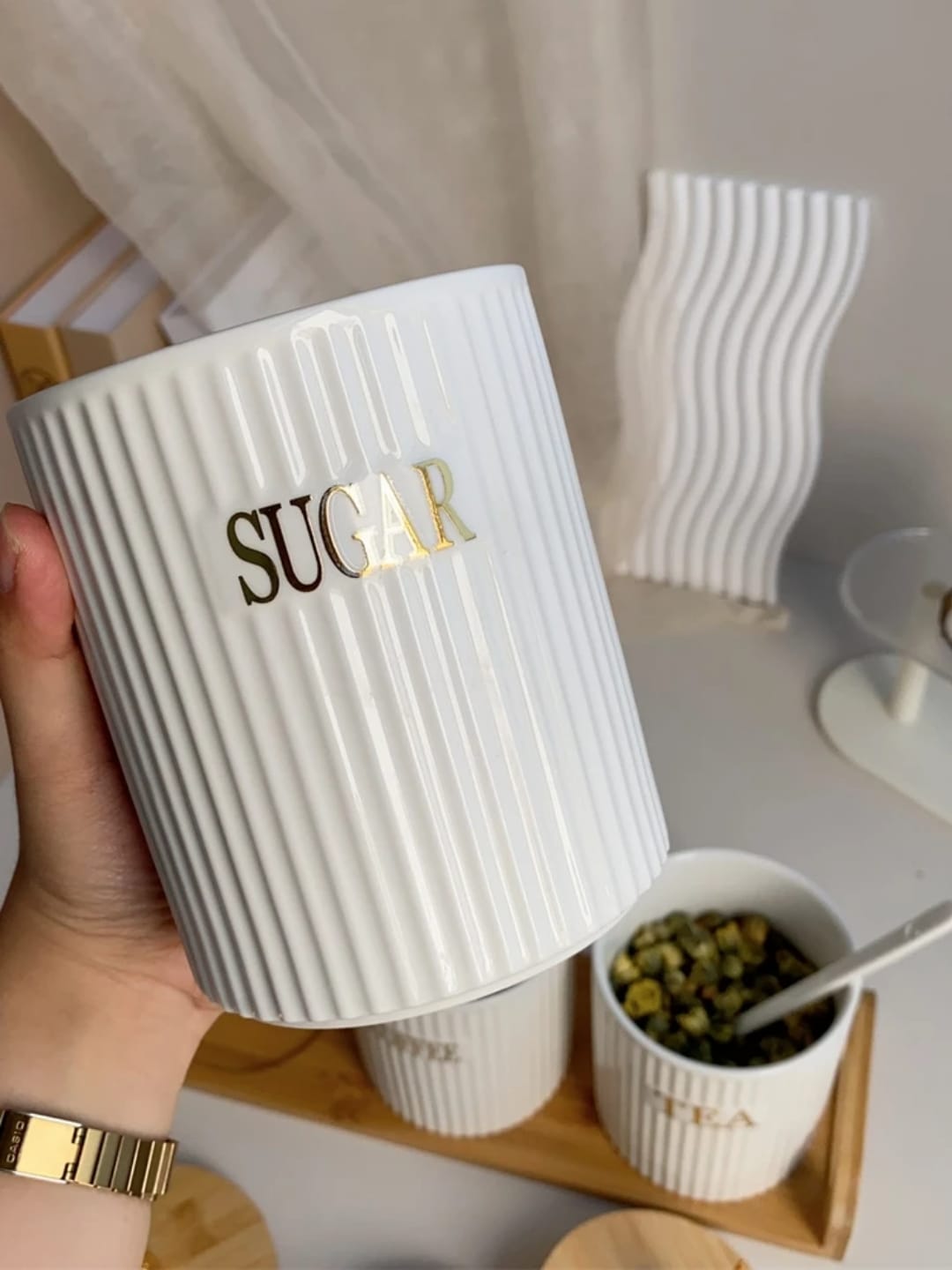 3pcs Ribbed Tea,Coffee Sugar canister