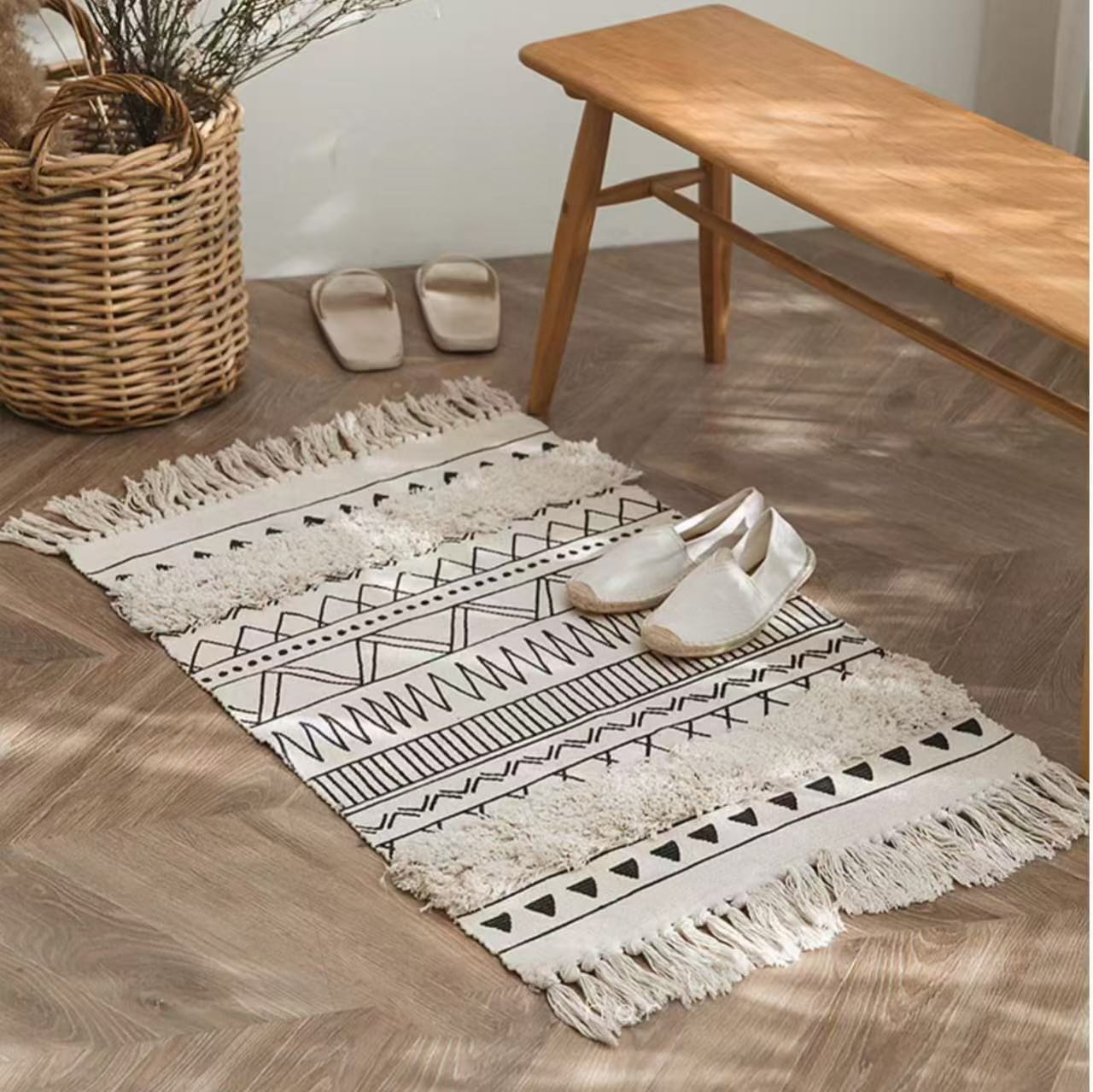 Bohemian Nordic style bedroom rug with tassels