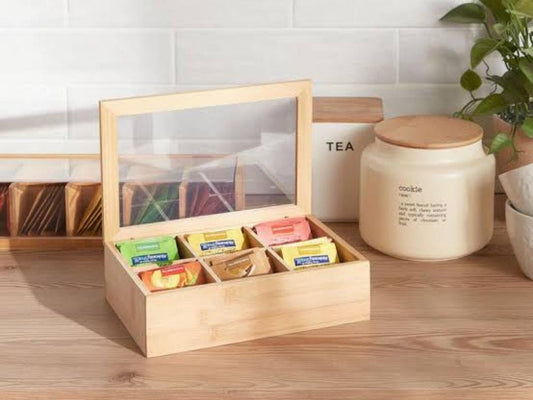 6 compartment Bamboo TEA bag organizer with clear cover