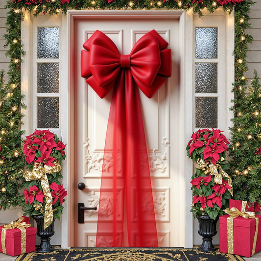 *Red Decorative Bow Banner Large Size Christmas Door Display Bow Shape Satin Bow Door for Christmas Decoration