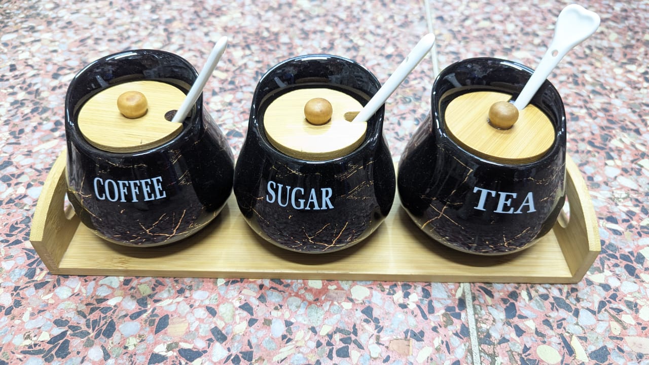 3pcs Ceramic Canisters Set with Bamboo Rack And Wooden Lids