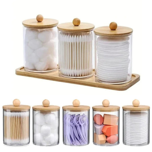 3pcs set acrylic swab storage organizer with Bamboo holder