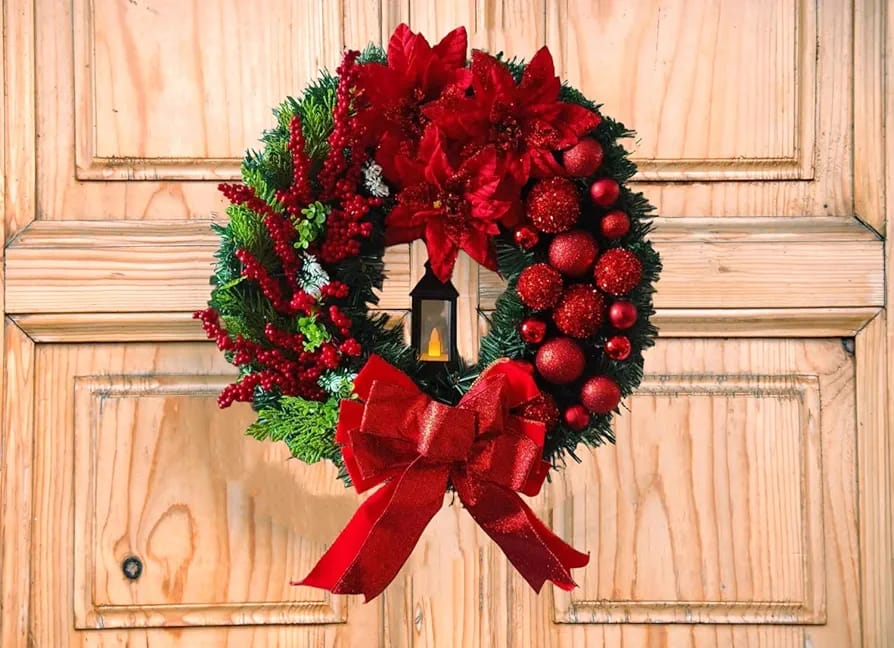 Christmas Front Door Wreath Artificial Red Berry Grass Bow Ornament with LED Kerosene Lamp Decoration