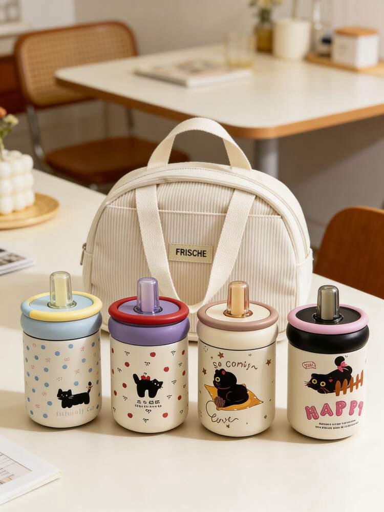 Cute LeakProof 500ml Insulated Water Cup Cartoon Black Cat with love Thermos Bottle with Handle