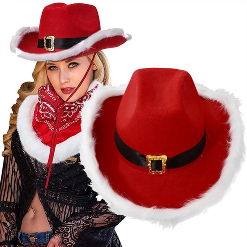 Christmas Red Cowboy Hat Women Men Feather