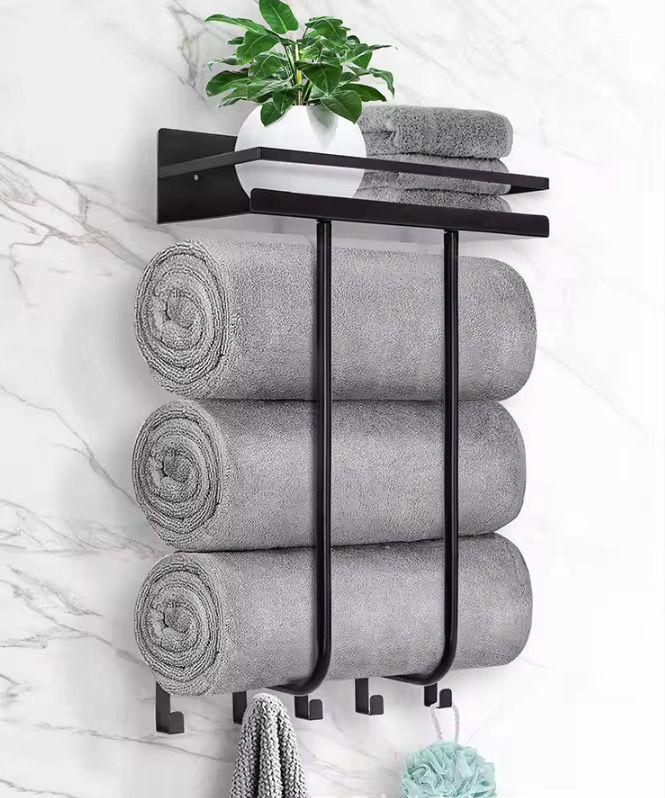 Multifunctional bathroom towel holder with metal shelf and 5 hooks / wall mounted towel rack