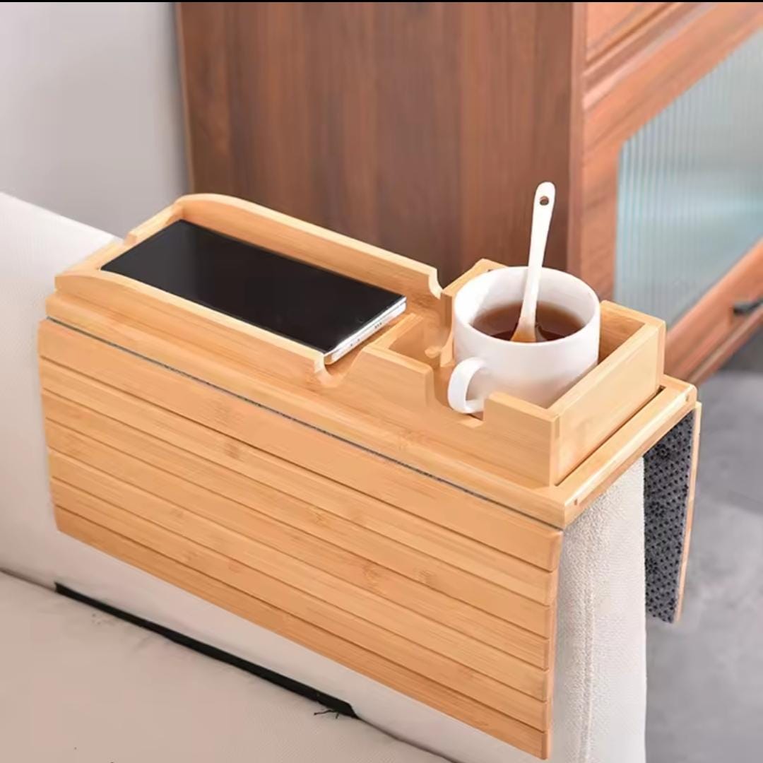 Bamboo sofa arm rest organizer