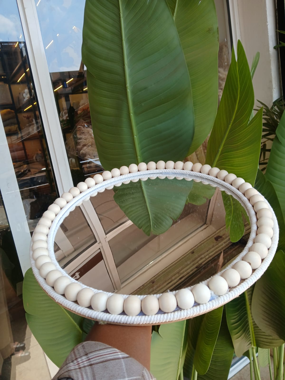 Boho beaded round mirror wall decor and tray