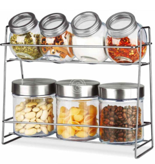 Set of 7 glass jars for spices or food. They have an airtight lid. Stainless steel lids. Dishwasher safe. Hard and resistant glass. Ideal for storing spices, food, sweets, cookies, etc.