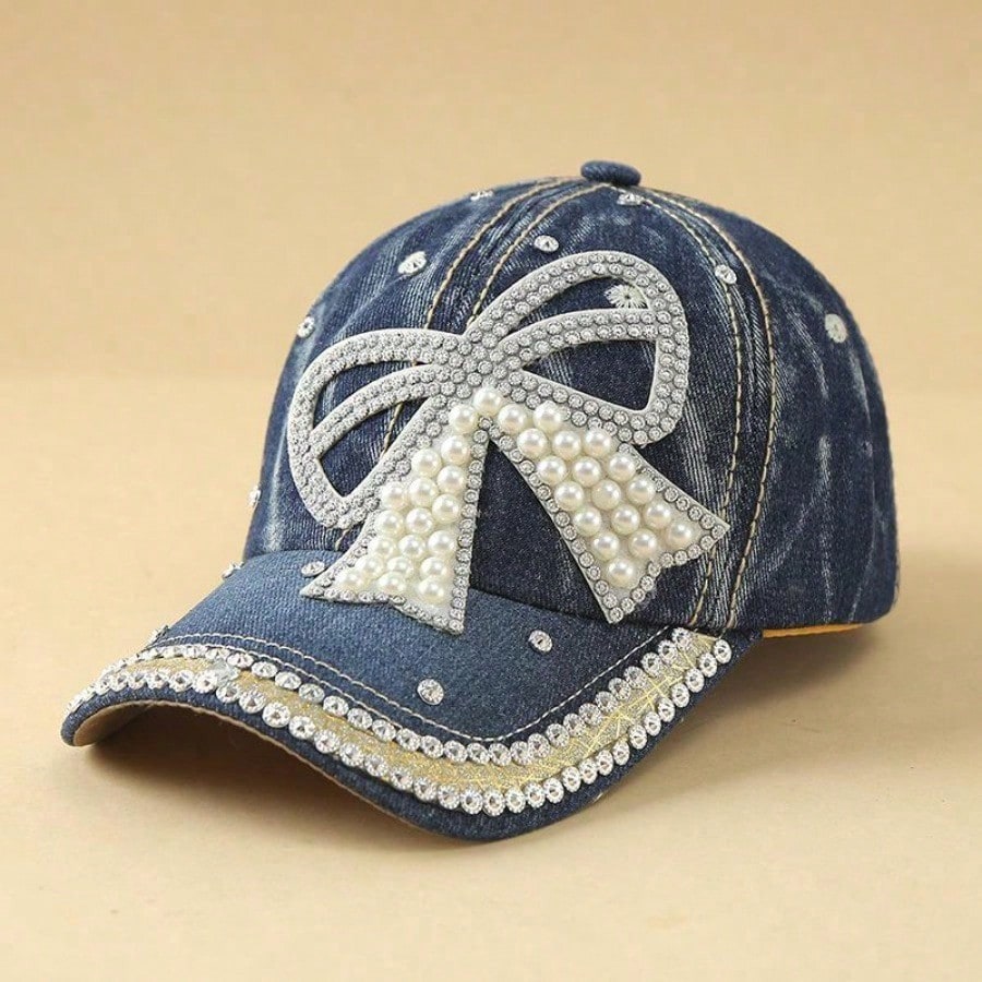 Bow pearl diamond denim baseball cap