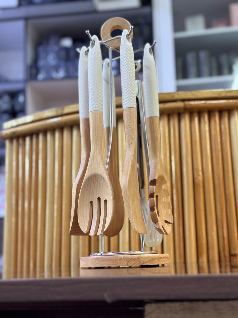 6pcs  premium bamboo spoon set with stand