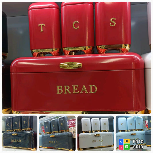 Bread Bin with Three Canister Set with touch of gold