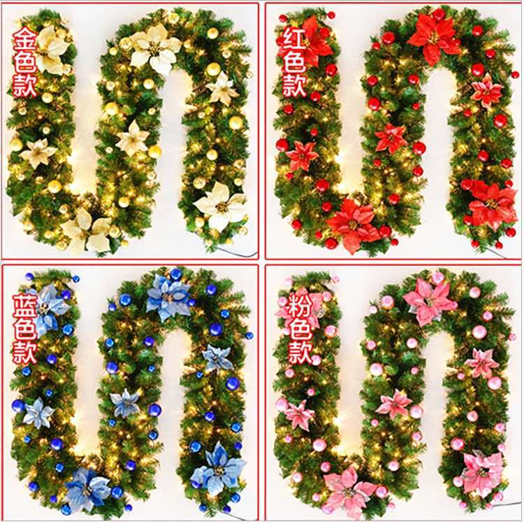 Christmas Garland with flower decoration, balls and LED light
