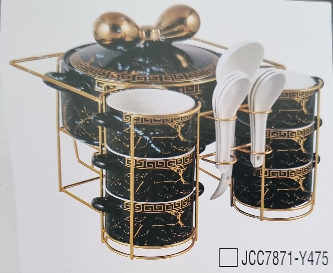 Ceramic marble-like soup bowls 1 soup touren on bamboo base + burner