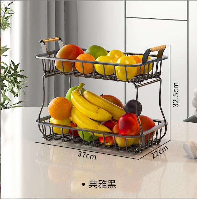 2 Tier Detachable Nordic metallic fruit/vegetable basket/rack with wooden handles and banana holder