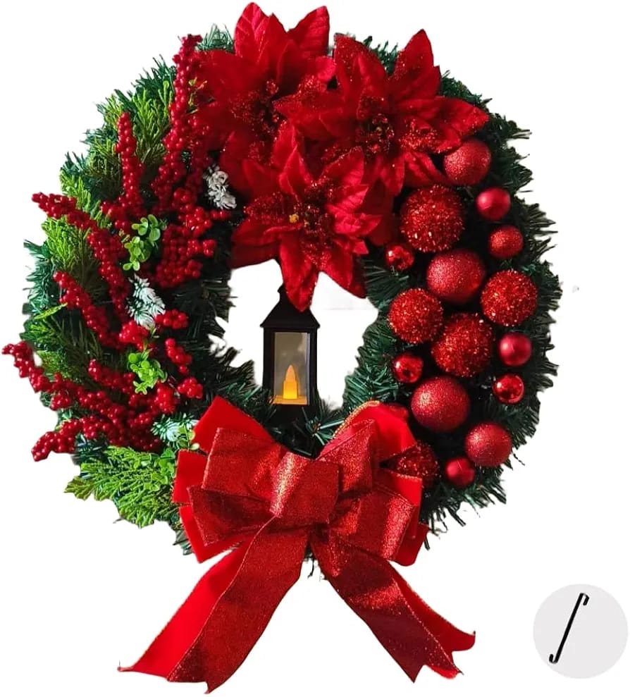 Christmas Front Door Wreath Artificial Red Berry Grass Bow Ornament with LED Kerosene Lamp Decoration