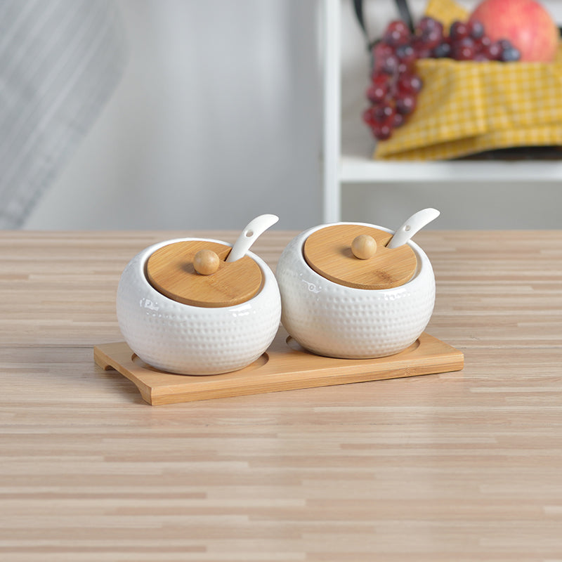 Golf themed ceramic condiment set with bamboo stand