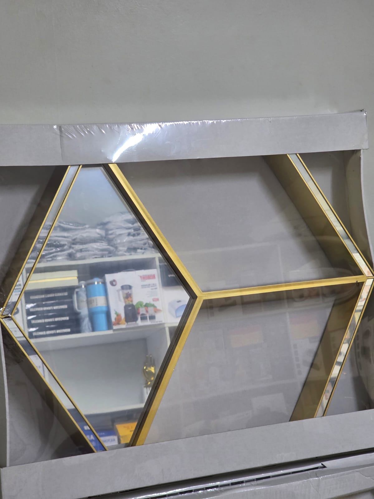 ✨ Luxury Gold Hexagon Wall Mirror with Display Shelves