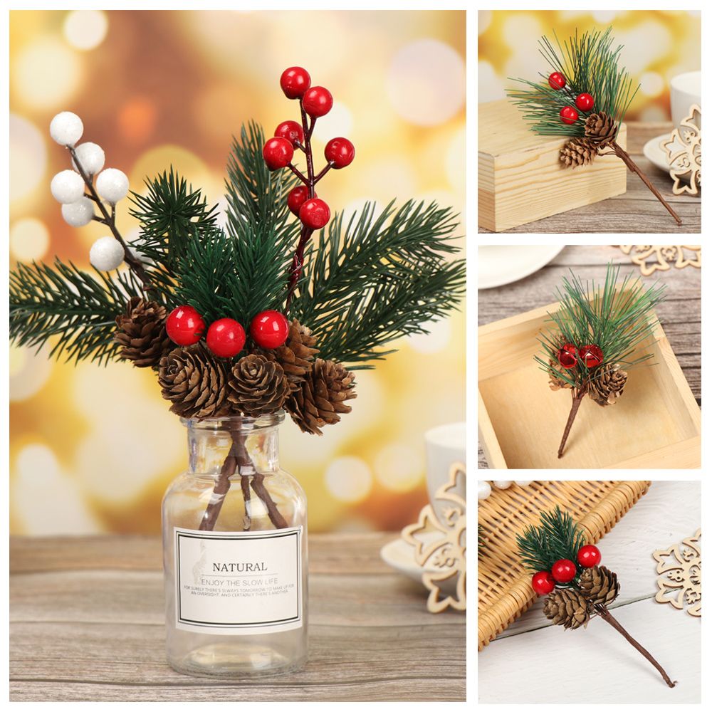 2Pcs Christmas Red Berry Articifial Flower Pine Cone