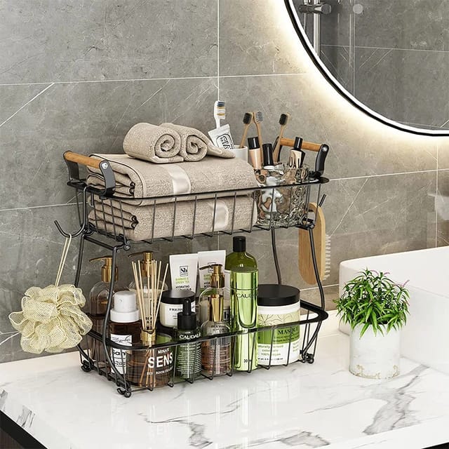 2 Tier Detachable Nordic metallic fruit/vegetable basket/rack with wooden handles and banana holder