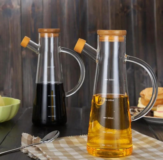 Transparent Glass Oil jar with Handle and bamboo lid