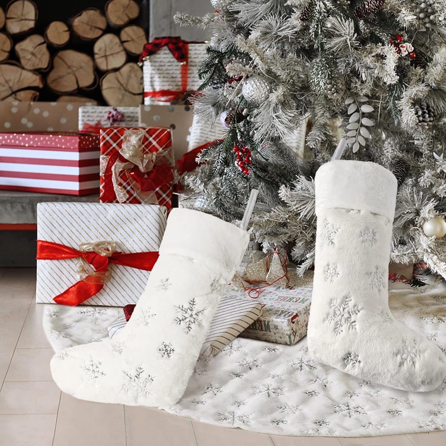 4 Pack Christmas White Faux Fur Xmas socks with Silver Sequin Snowflakes