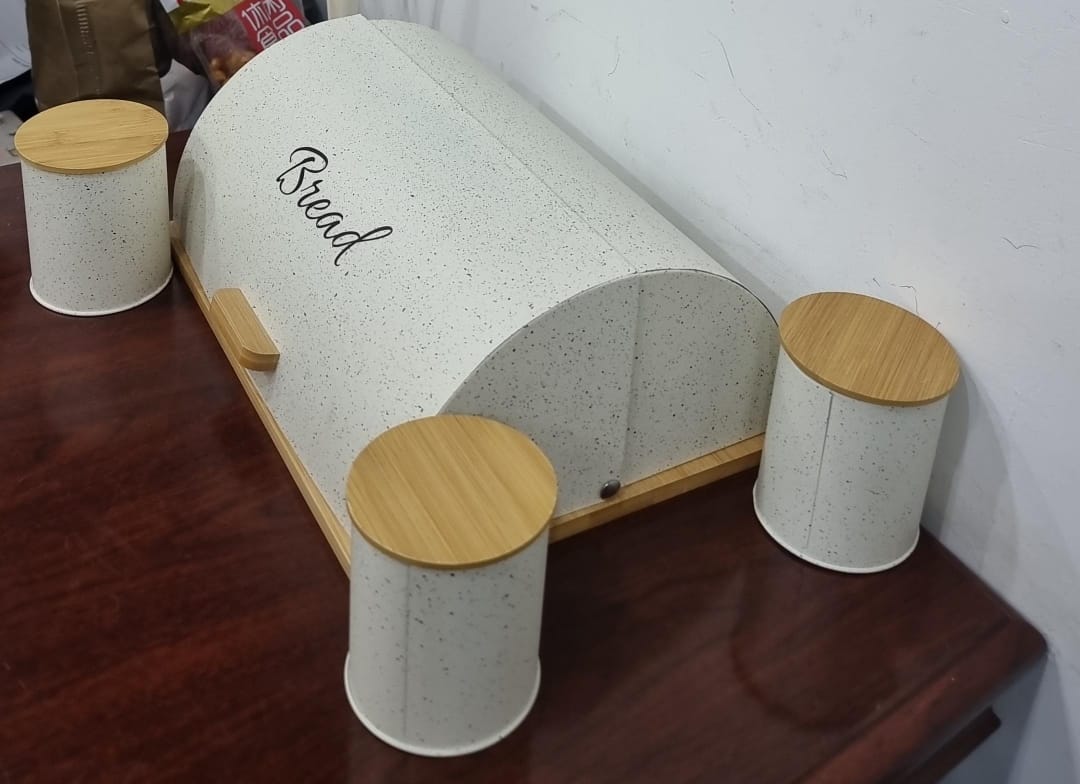 Bamboo base semi circular Flip bread bin 12L with 3 canisters each 600ml with bamboo lid