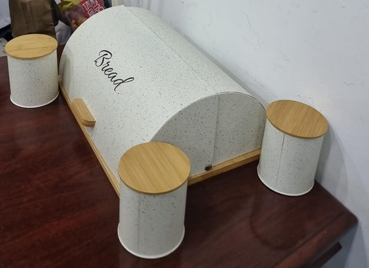 Bamboo base semi circular Flip bread bin 12L with 3 canisters each 600ml with bamboo lid