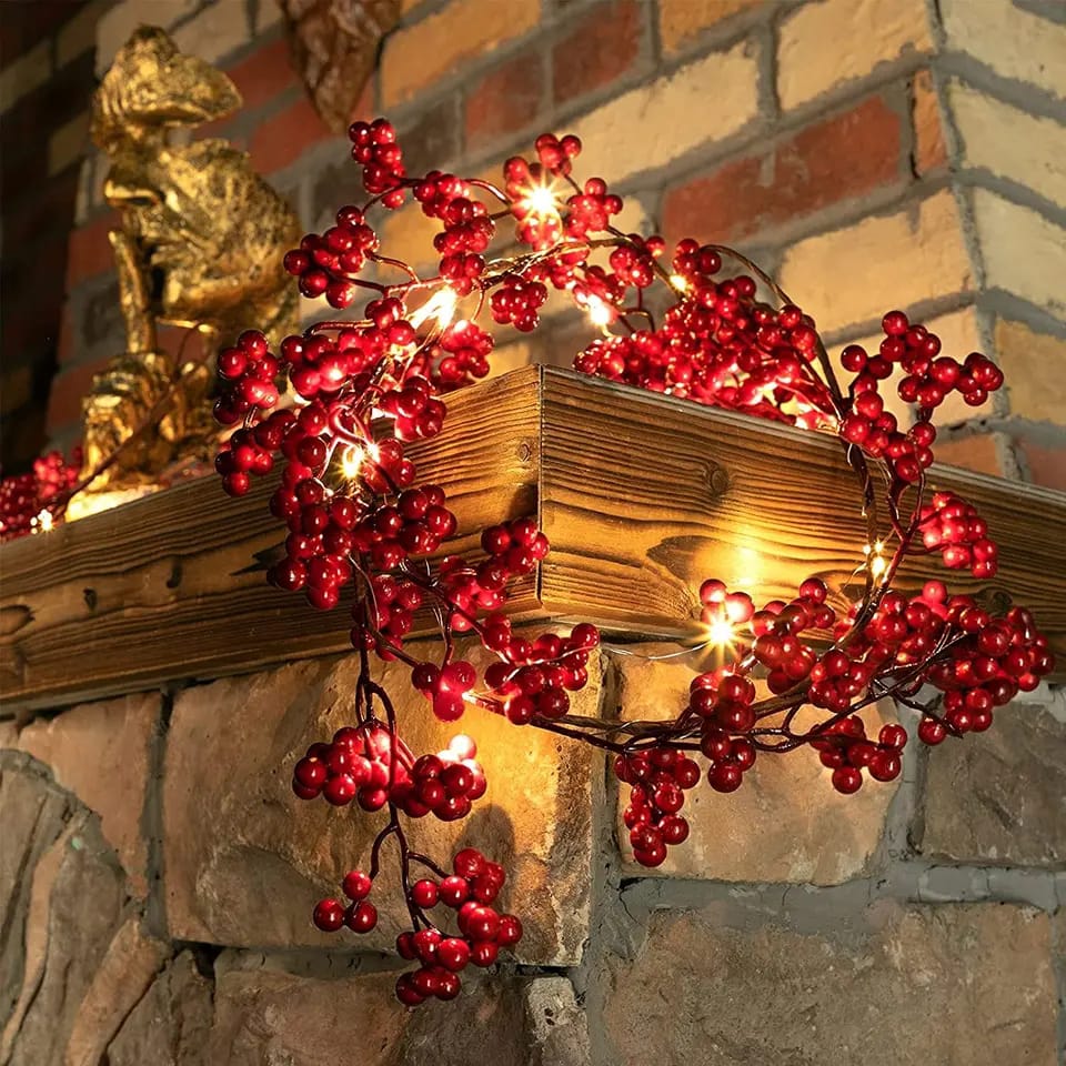 2M Christmas Garland Artificial Red Berry Plants  with light