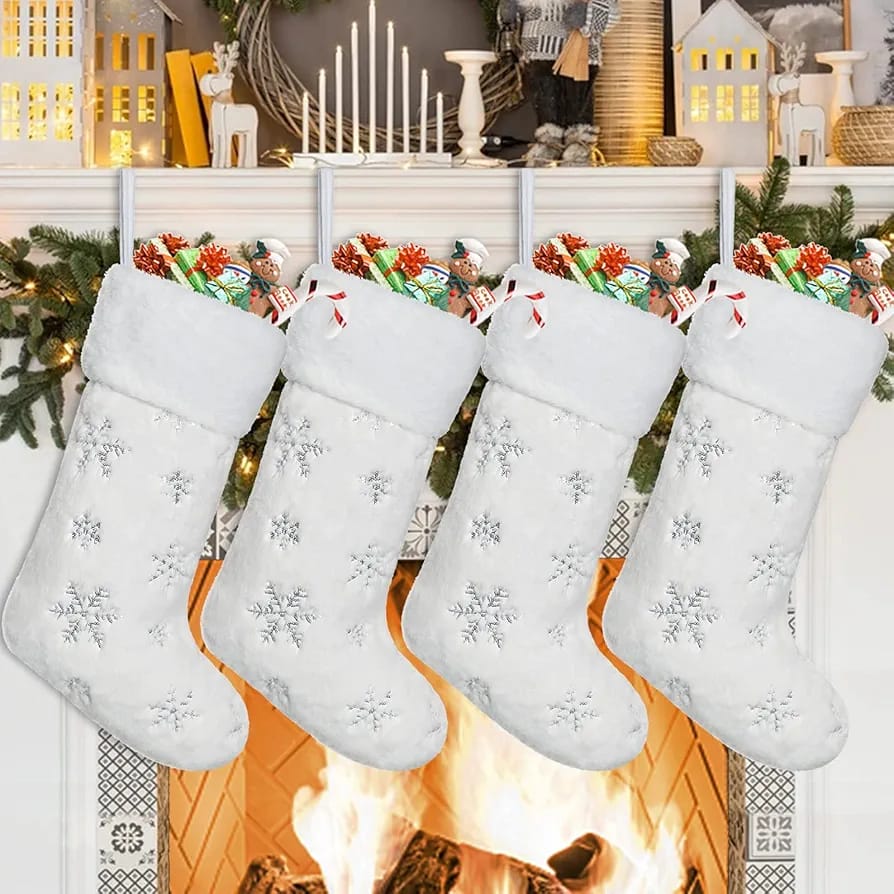 4 Pack Christmas White Faux Fur Xmas socks with Silver Sequin Snowflakes