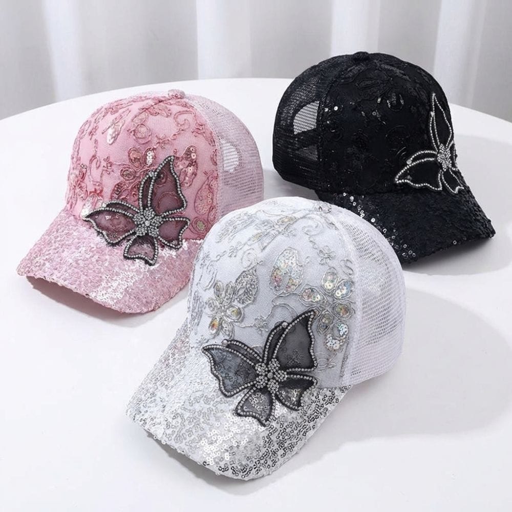 *Fashion Mesh Women's Baseball Cap Breathable Black Rhinestone Sun Hat Butterfly