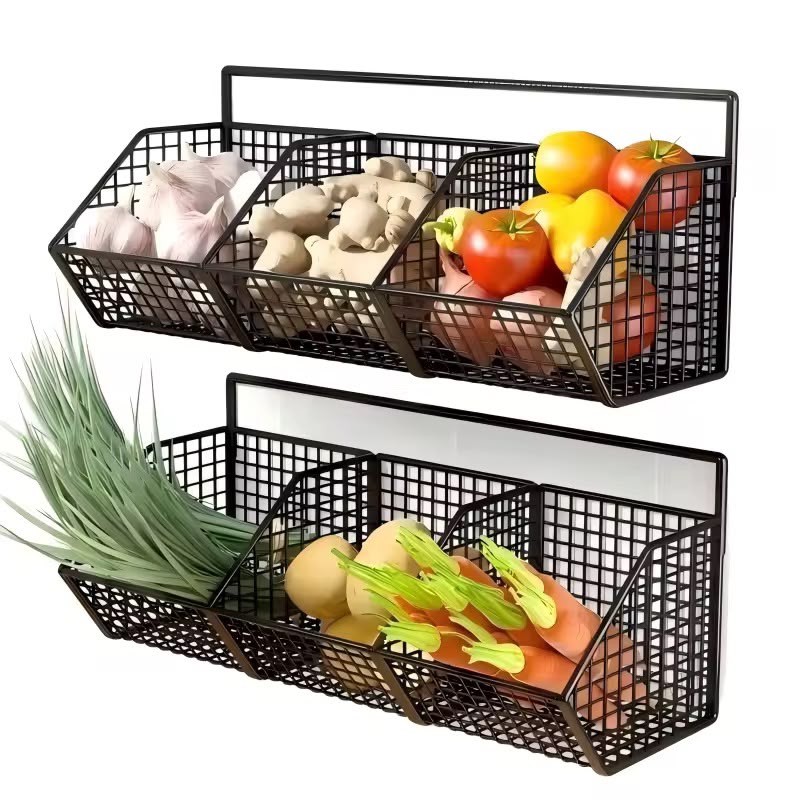 Wall mounted mesh kitchen storage rack / 3 compartment kitchen storage rack