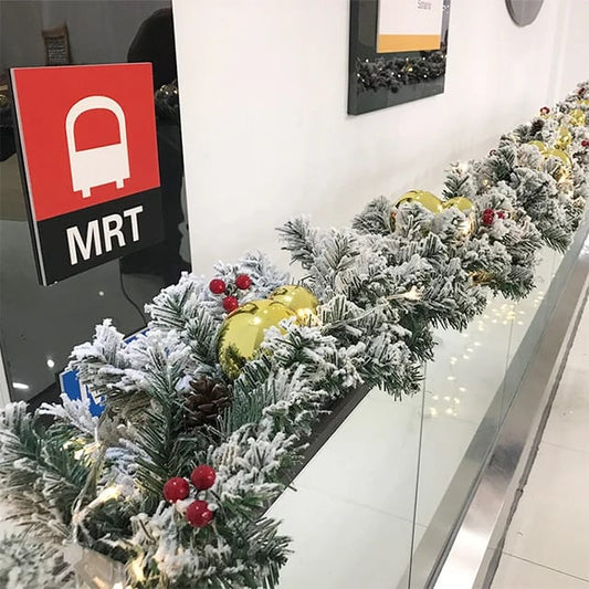 2.7M Christmas Pine Garland Snow Flocking with decorations and lighting