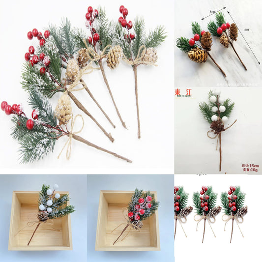 2Pcs Christmas Red Berry Articifial Flower Pine Cone
