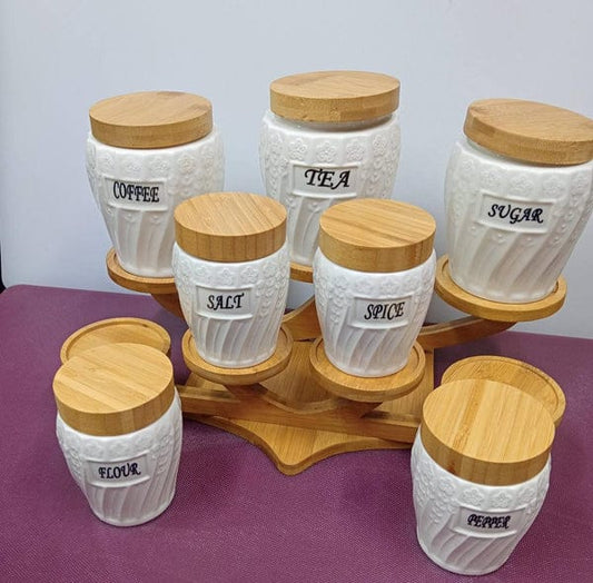 7pcs Ceramic Canisters With A Bamboo Stand and Bamboo Lids