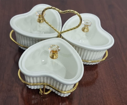 Set of 3 ceramic love shape sugar bowls  acrylic lids on gold metal rack